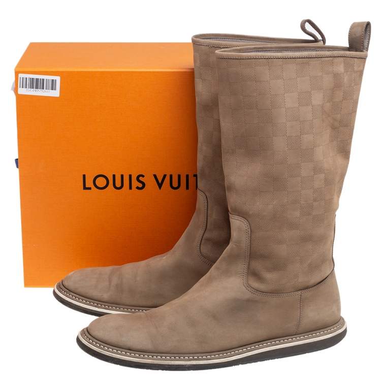 Pre Owned Louis Vuitton Beige Damier Suede Mid Calf Boots Size 42.5