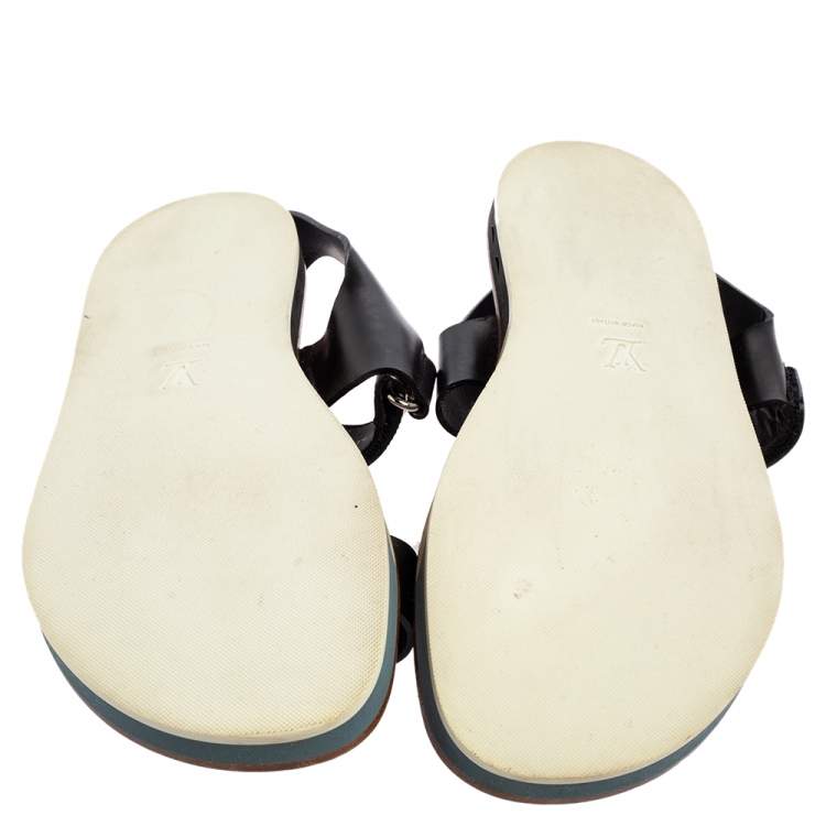 Pre Owned Louis Vuitton Black Leather Velcro Strap Flat Sandals Size 44.5