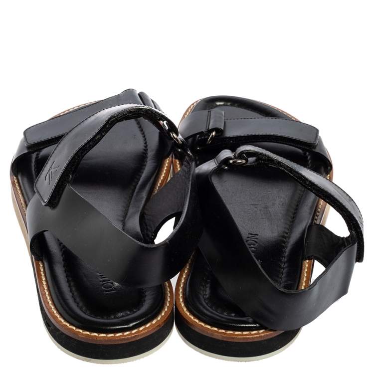 Pre Owned Louis Vuitton Black Leather Velcro Strap Flat Sandals Size 44.5