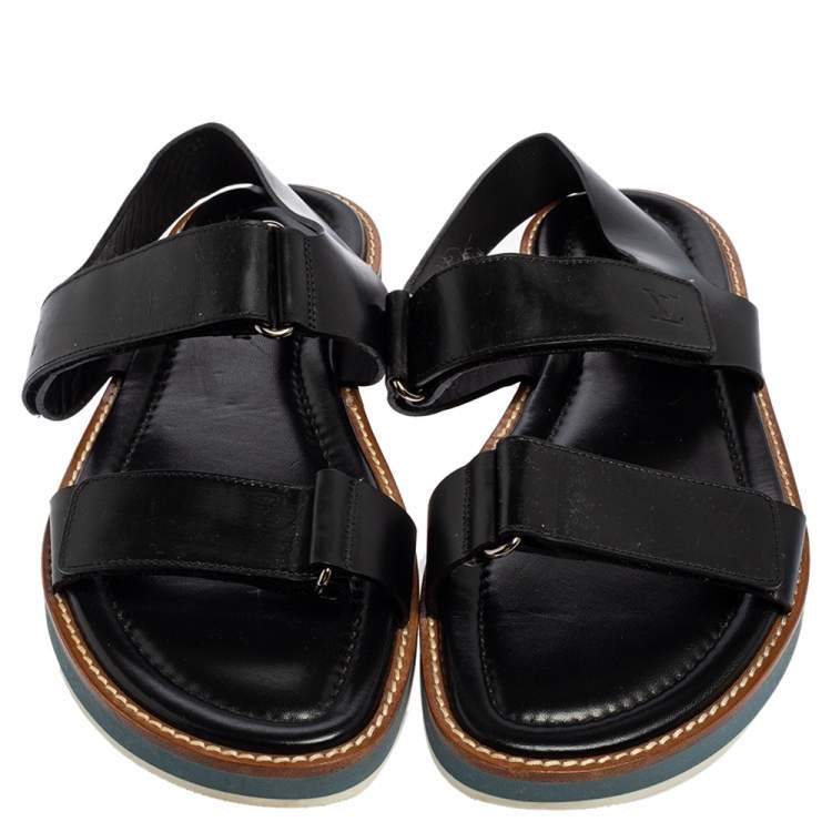 Pre Owned Louis Vuitton Black Leather Velcro Strap Flat Sandals Size 44.5