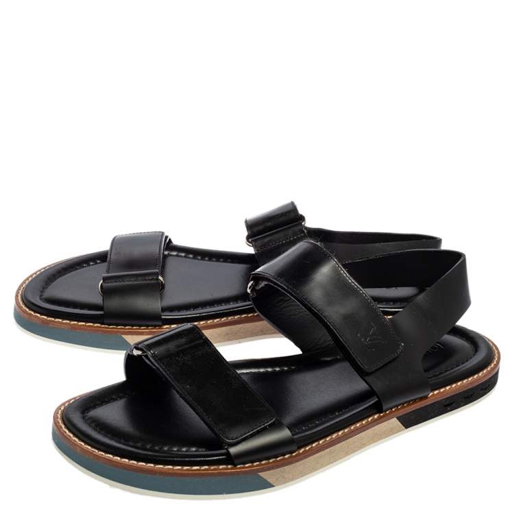 Pre Owned Louis Vuitton Black Leather Velcro Strap Flat Sandals Size 44.5