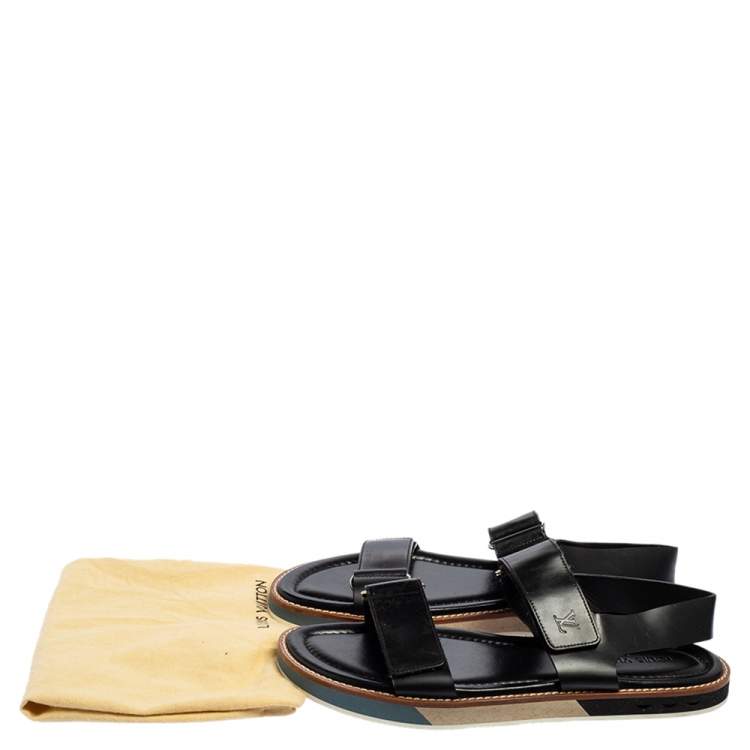 Pre Owned Louis Vuitton Black Leather Velcro Strap Flat Sandals Size 44.5