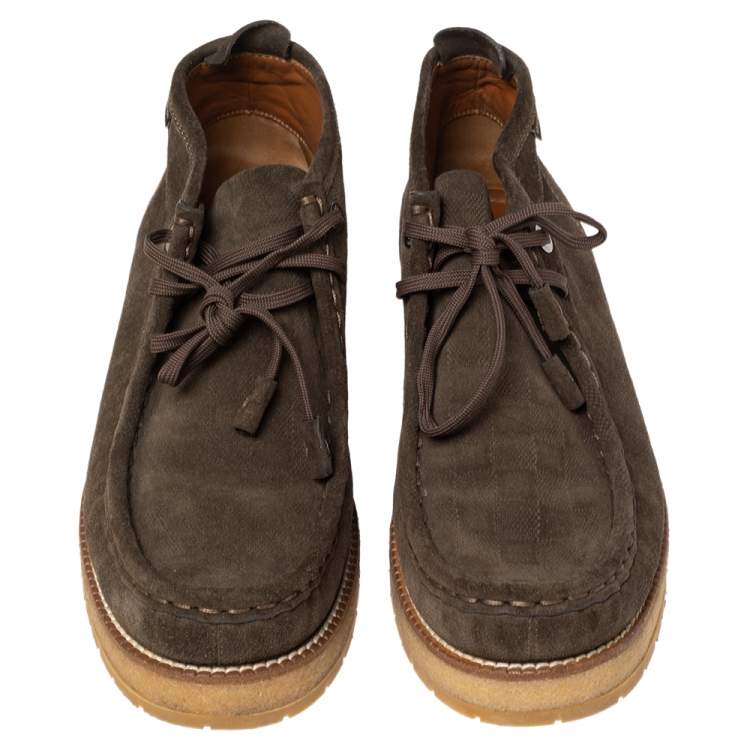 Pre Owned Louis Vuitton Brown Damier Suede Lace Up Ankle Boots Size 44.5