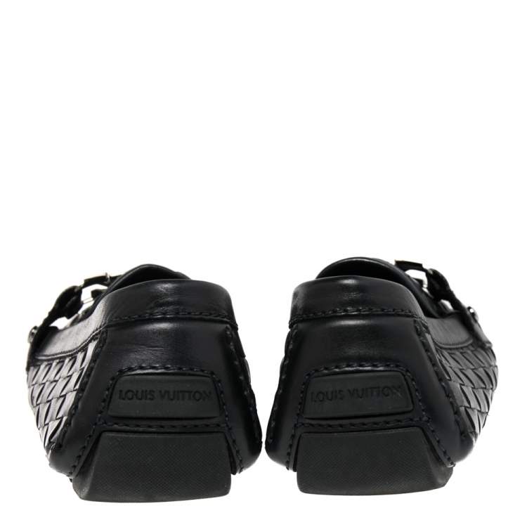 Pre Owned Louis Vuitton Black Woven Leather Monte Carlo Loafers Size 40.5