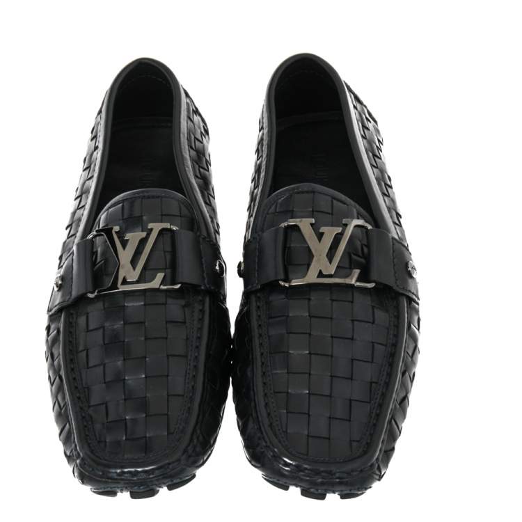 Pre Owned Louis Vuitton Black Woven Leather Monte Carlo Loafers Size 40.5