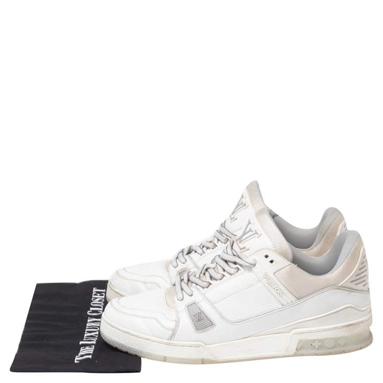 Pre Owned Louis Vuitton White Leather And Stretch Fabric LV Trainer Sneakers Size 43