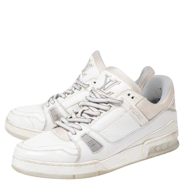Pre Owned Louis Vuitton White Leather And Stretch Fabric LV Trainer Sneakers Size 43