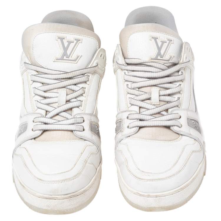Pre Owned Louis Vuitton White Leather And Stretch Fabric LV Trainer Sneakers Size 43