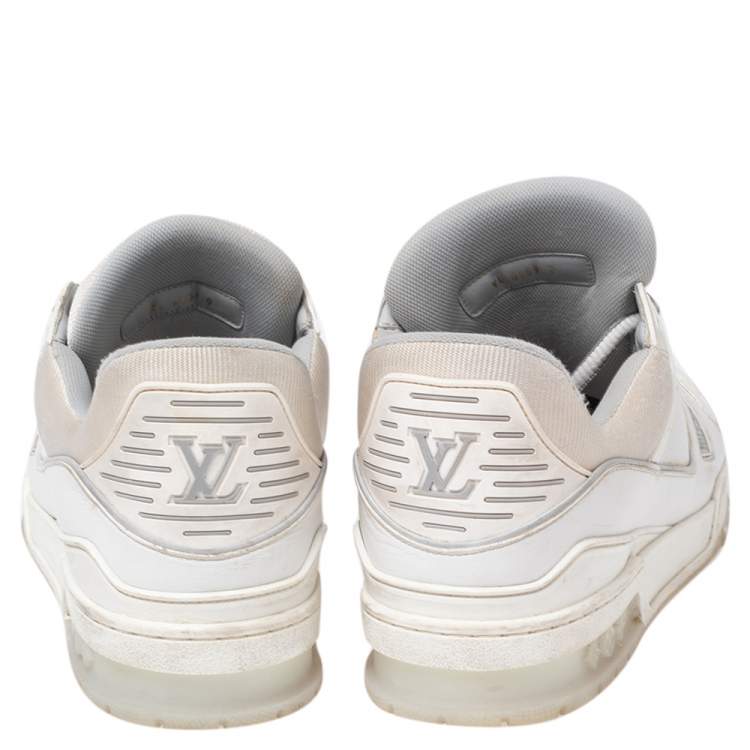 Pre Owned Louis Vuitton White Leather And Stretch Fabric LV Trainer Sneakers Size 43