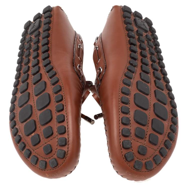 Pre Owned Louis Vuitton Brown Leather Gloria Bow Slip On Loafers Size 42.5