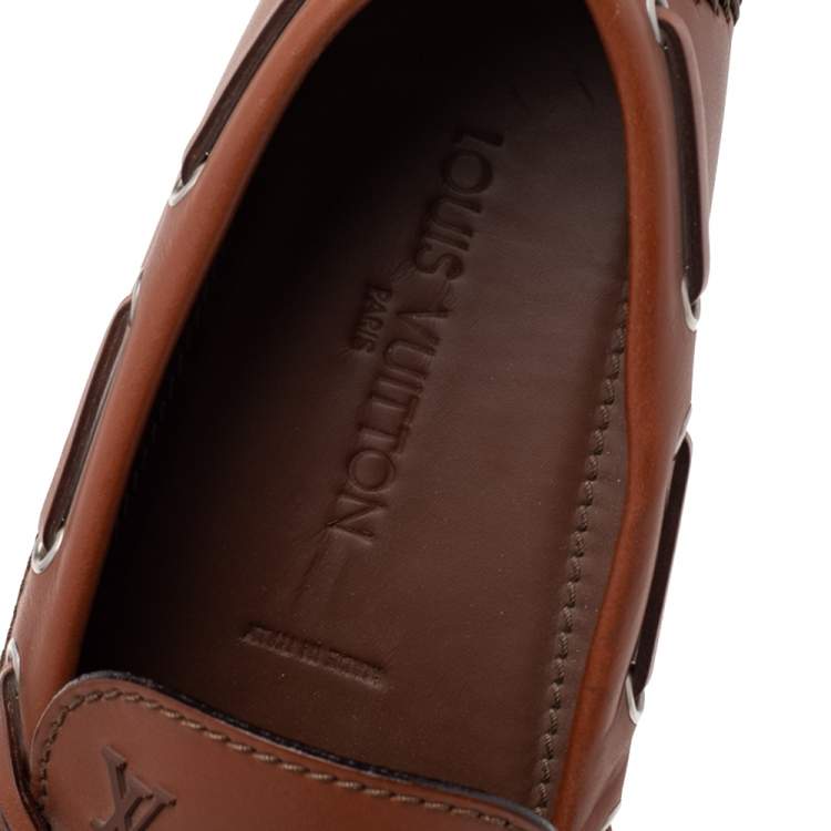 Pre Owned Louis Vuitton Brown Leather Gloria Bow Slip On Loafers Size 42.5
