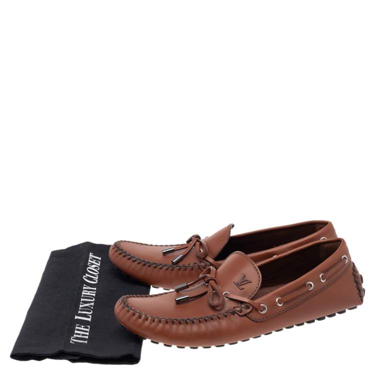 Pre Owned Louis Vuitton Brown Leather Gloria Bow Slip On Loafers Size 42.5