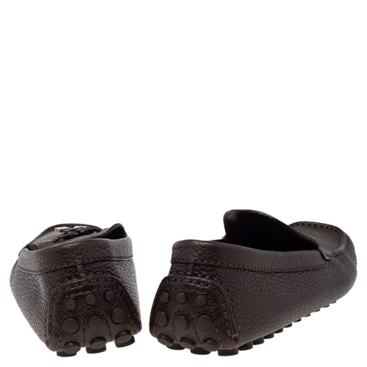 Pre Owned Louis Vuitton Brown Leather Logo Bow Slip On Loafers Size 41
