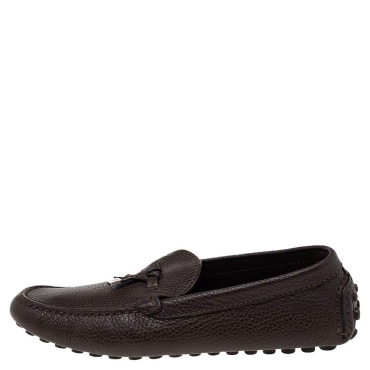 Pre Owned Louis Vuitton Brown Leather Logo Bow Slip On Loafers Size 41