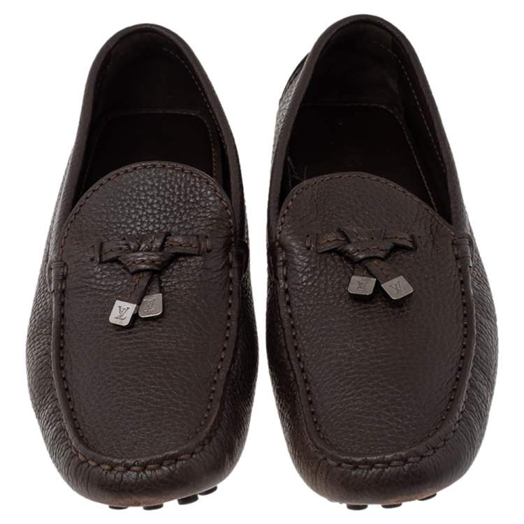 Pre Owned Louis Vuitton Brown Leather Logo Bow Slip On Loafers Size 41
