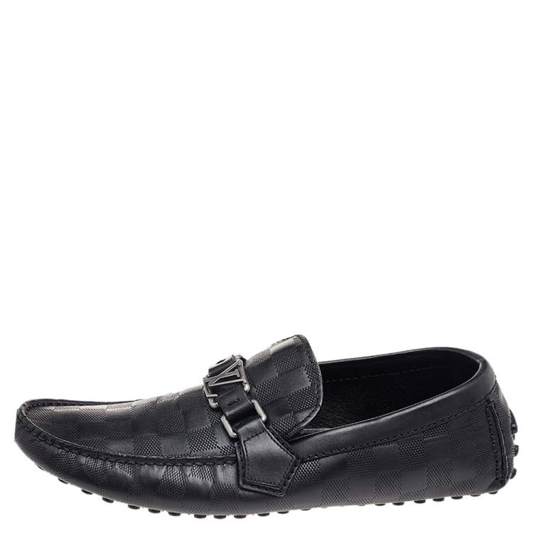 Pre Owned Louis Vuitton Black Damier Embossed Leather Hockenheim Slip On Loafers Size 41.5