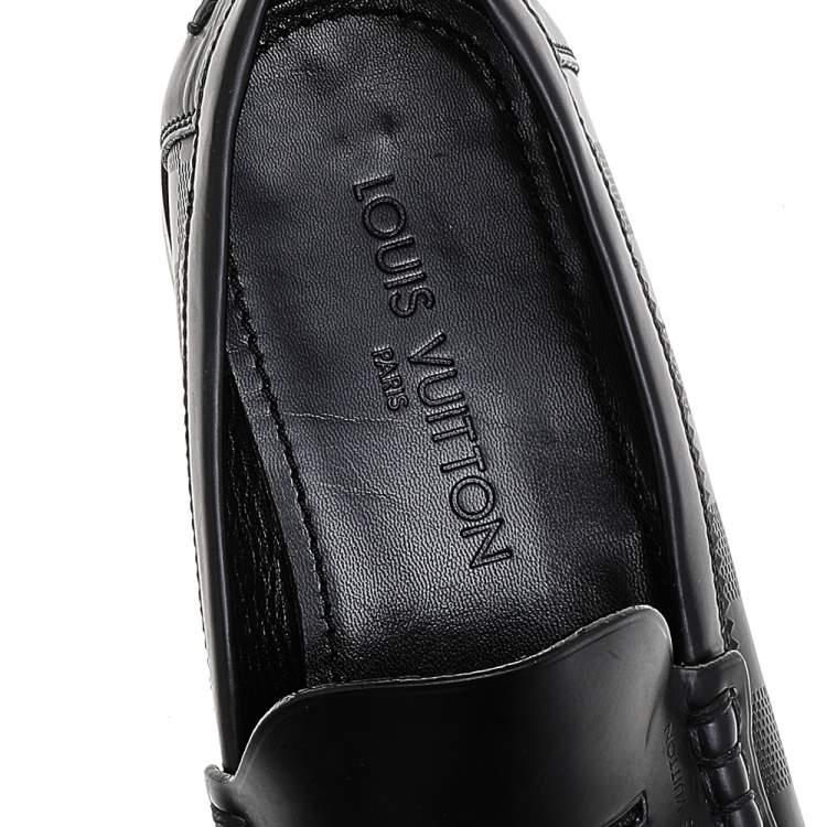 Pre Owned Louis Vuitton Black Damier Embossed Leather Outline Penny Slip On Loafers Size 41