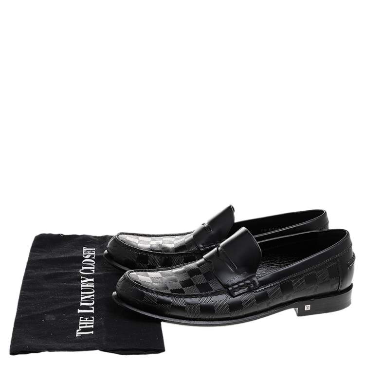 Pre Owned Louis Vuitton Black Damier Embossed Leather Outline Penny Slip On Loafers Size 41
