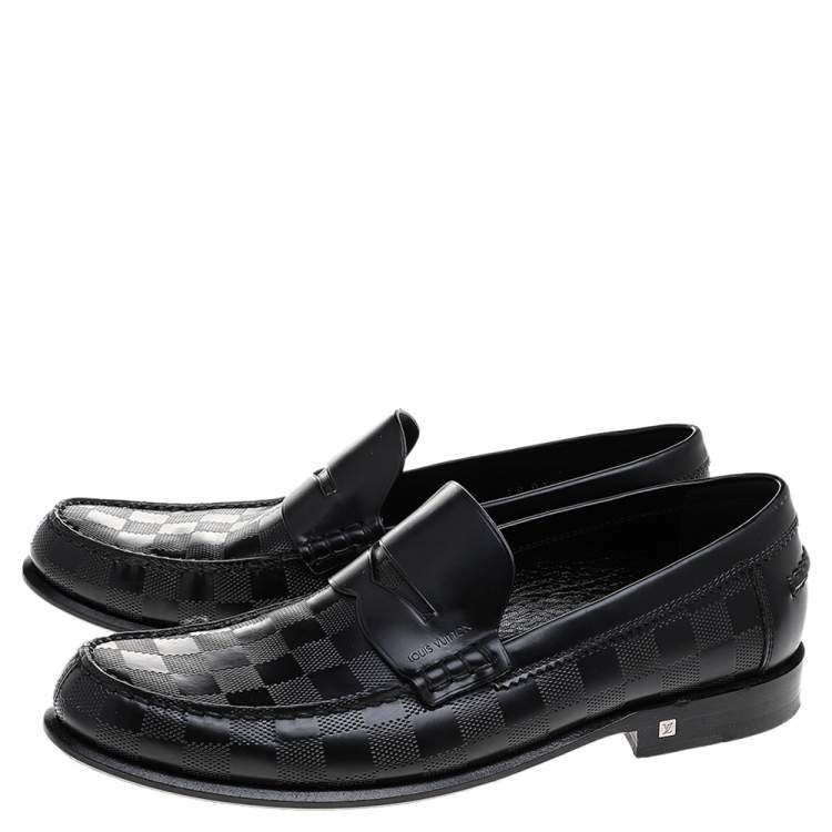 Pre Owned Louis Vuitton Black Damier Embossed Leather Outline Penny Slip On Loafers Size 41