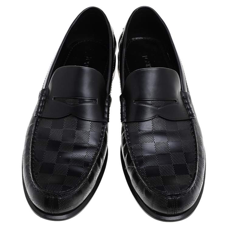 Pre Owned Louis Vuitton Black Damier Embossed Leather Outline Penny Slip On Loafers Size 41