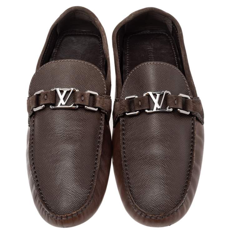 Pre Owned Louis Vuitton Brown Leather And Suede Slip On Hockenheim Loafers Size 44