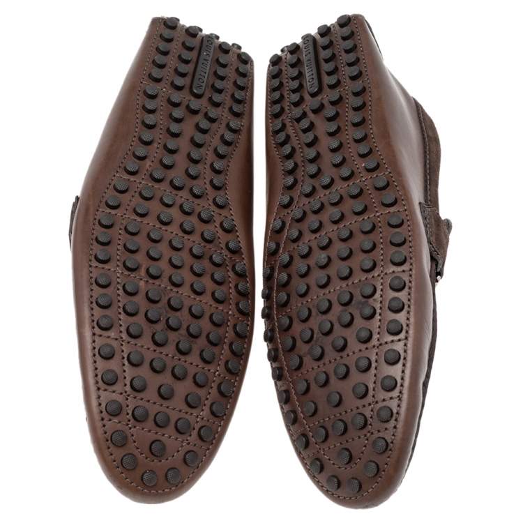 Pre Owned Louis Vuitton Brown Leather And Suede Slip On Hockenheim Loafers Size 44