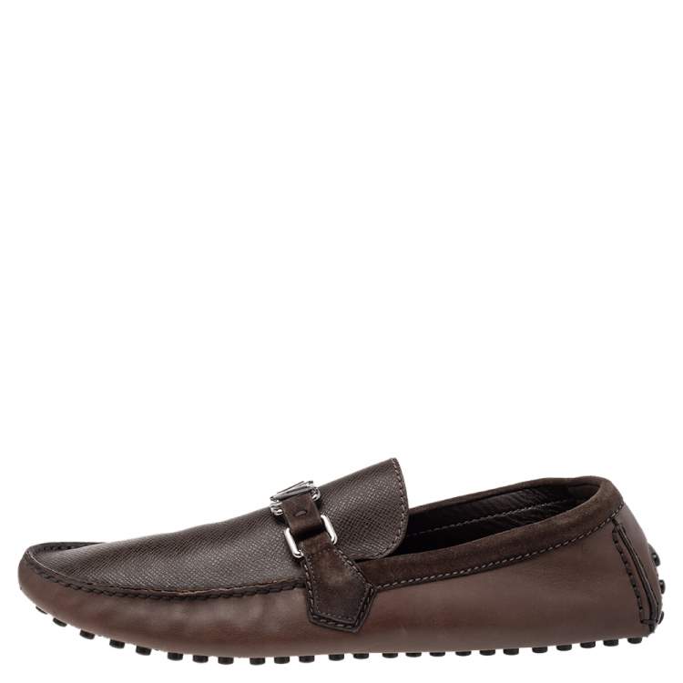 Pre Owned Louis Vuitton Brown Leather And Suede Slip On Hockenheim Loafers Size 44