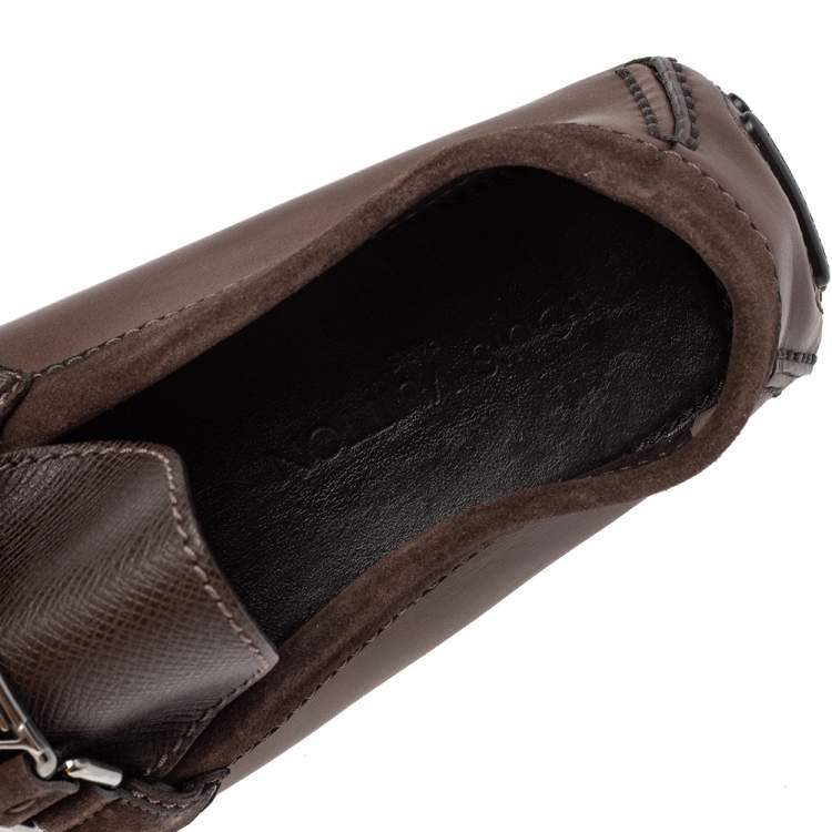Pre Owned Louis Vuitton Brown Leather And Suede Slip On Hockenheim Loafers Size 44