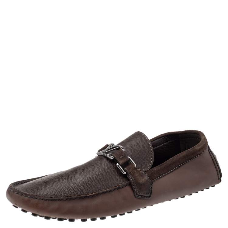 Pre Owned Louis Vuitton Brown Leather And Suede Slip On Hockenheim Loafers Size 44