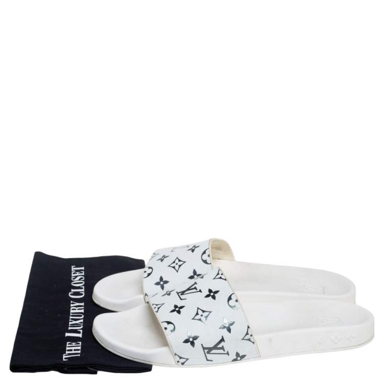 Pre Owned Louis Vuitton White Rubber Monogram Waterfront Slide Sandals Size 45