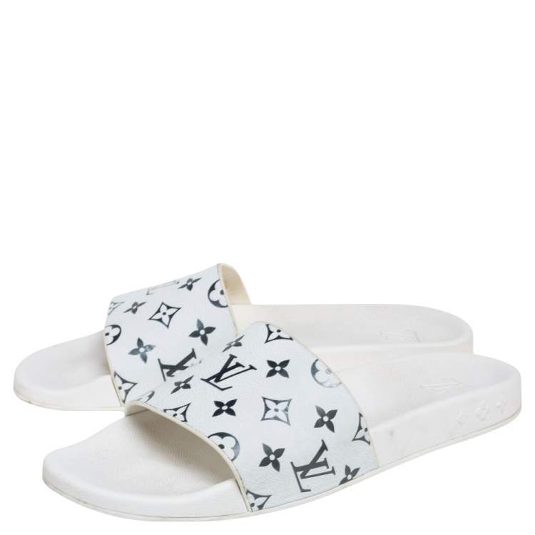 Pre Owned Louis Vuitton White Rubber Monogram Waterfront Slide Sandals Size 45