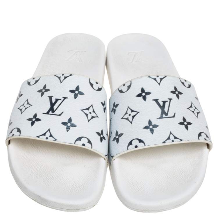 Pre Owned Louis Vuitton White Rubber Monogram Waterfront Slide Sandals Size 45