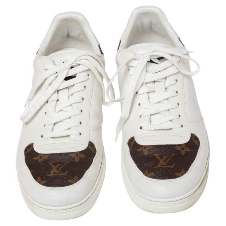 Pre Owned Louis Vuitton White Leather And Monogram Canvas Rivoli Sneakers Size 42