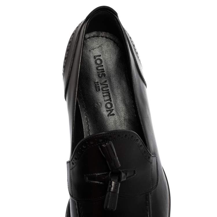 Pre Owned Louis Vuitton Black Leather Logo Perforated Slip On Loafers Size 43.5
