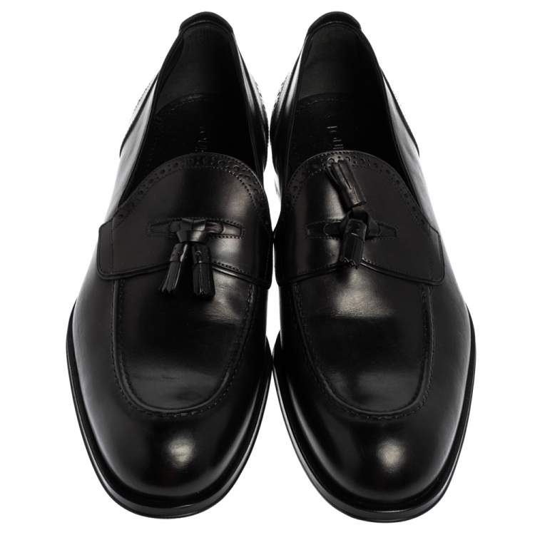 Pre Owned Louis Vuitton Black Leather Logo Perforated Slip On Loafers Size 43.5