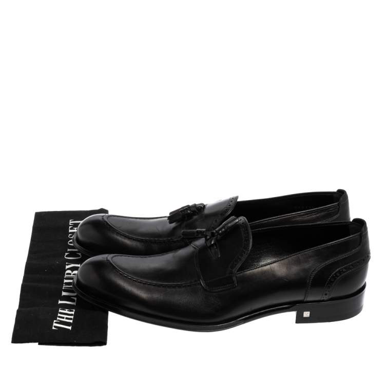 Pre Owned Louis Vuitton Black Leather Logo Perforated Slip On Loafers Size 43.5