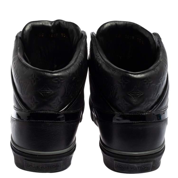 Pre Owned Louis Vuitton Black Monogram Leather And Patent Leather Tower High Top Sneakers Size 44.5