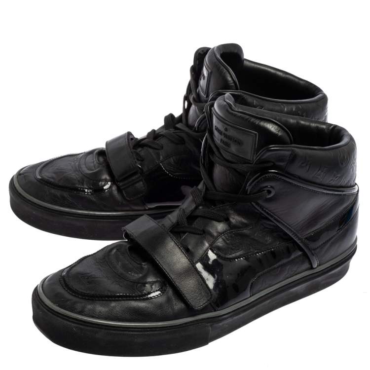 Pre Owned Louis Vuitton Black Monogram Leather And Patent Leather Tower High Top Sneakers Size 44.5