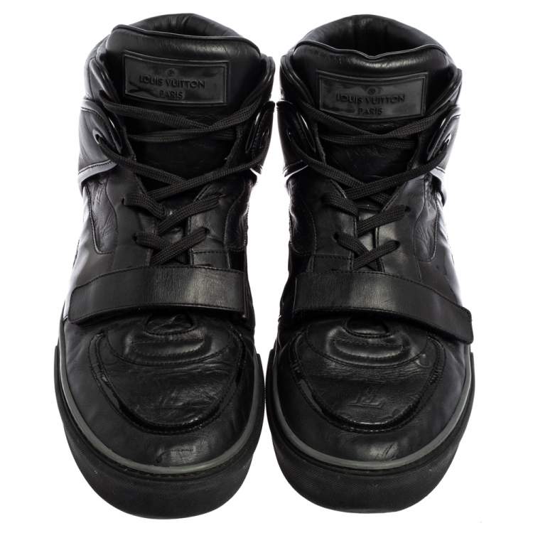 Pre Owned Louis Vuitton Black Monogram Leather And Patent Leather Tower High Top Sneakers Size 44.5