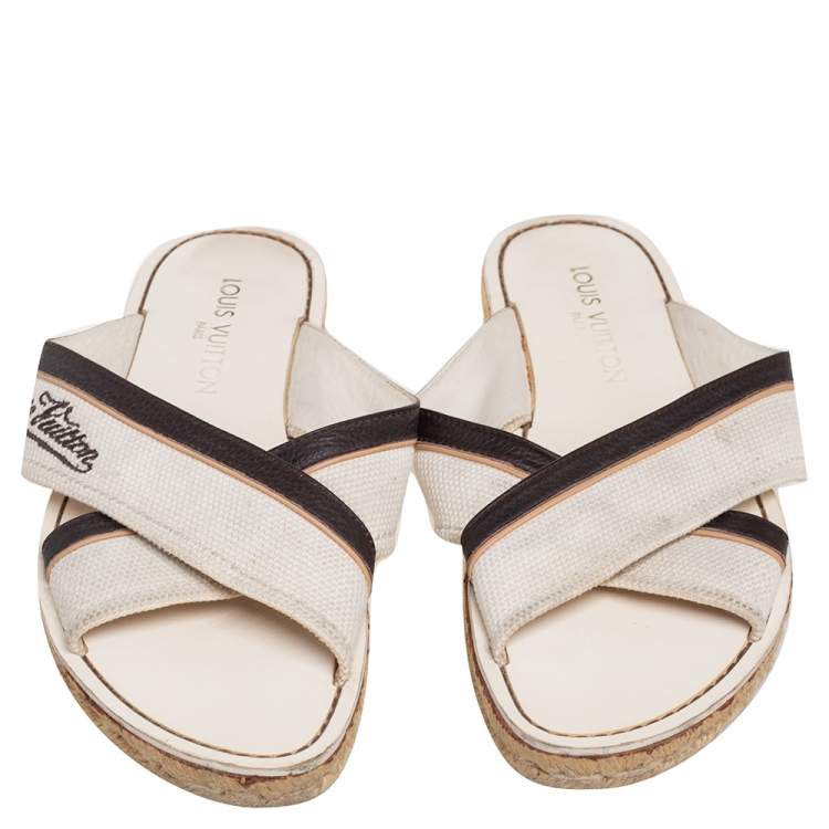 Pre Owned Louis Vuitton Canvas and Leather Logo Cross Strap Flat Sandals Size 41