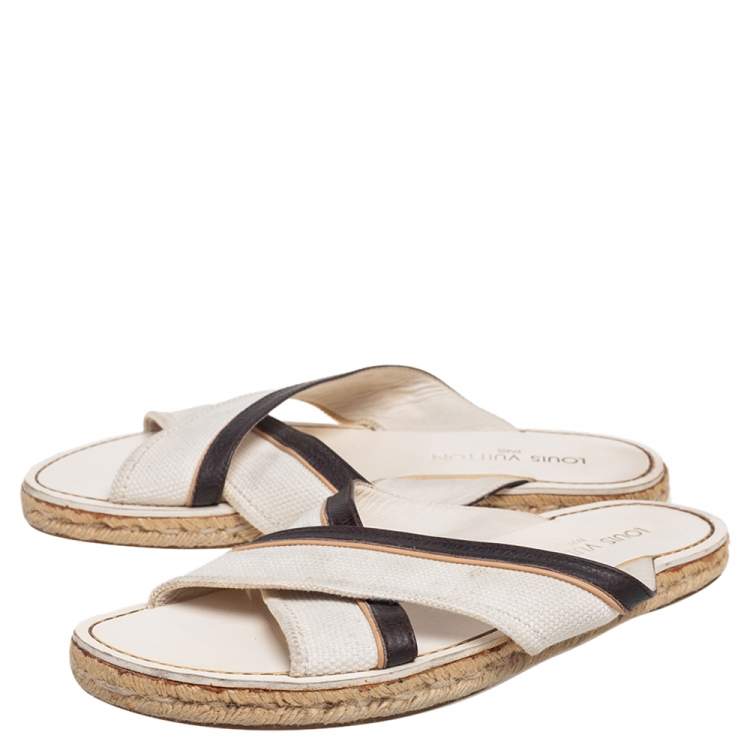 Pre Owned Louis Vuitton Canvas and Leather Logo Cross Strap Flat Sandals Size 41