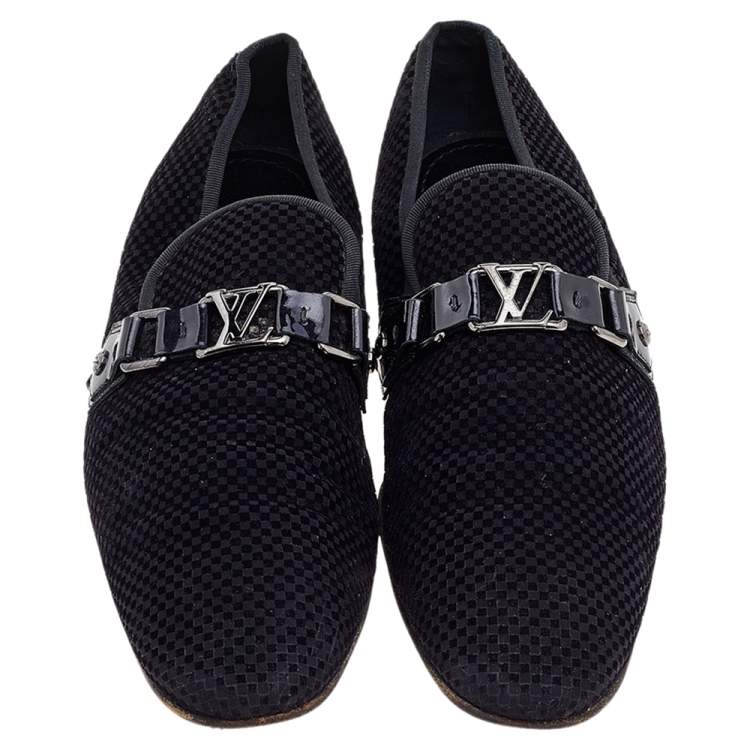 Pre Owned Louis Vuitton Petit Damier Ebene Suede  Monte Carlo Moccasins Size 41.5