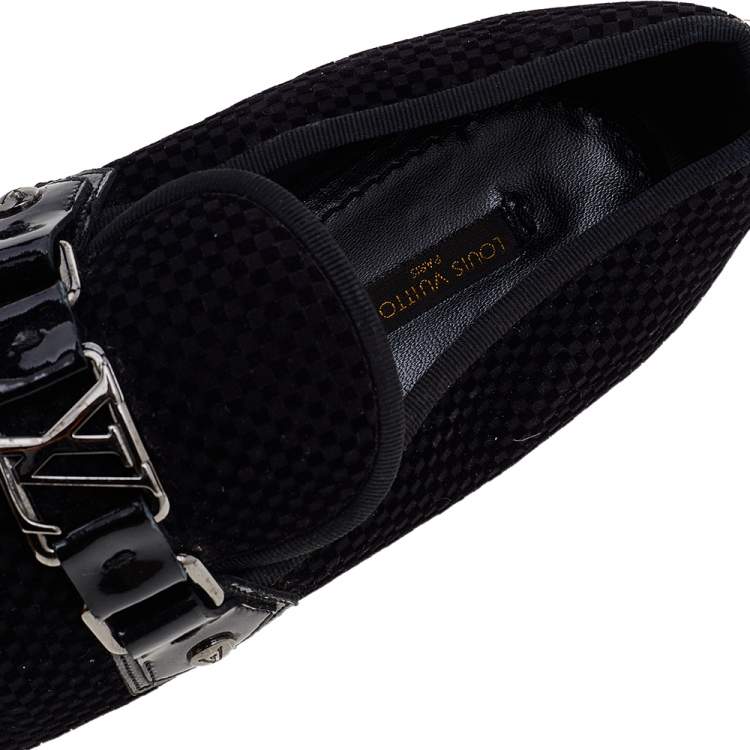 Pre Owned Louis Vuitton Petit Damier Ebene Suede  Monte Carlo Moccasins Size 41.5