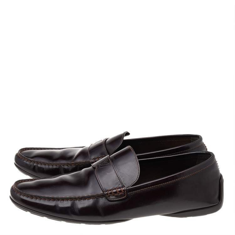 Pre Owned Louis Vuitton Dark Brown Leather Slip On Loafers Size 43