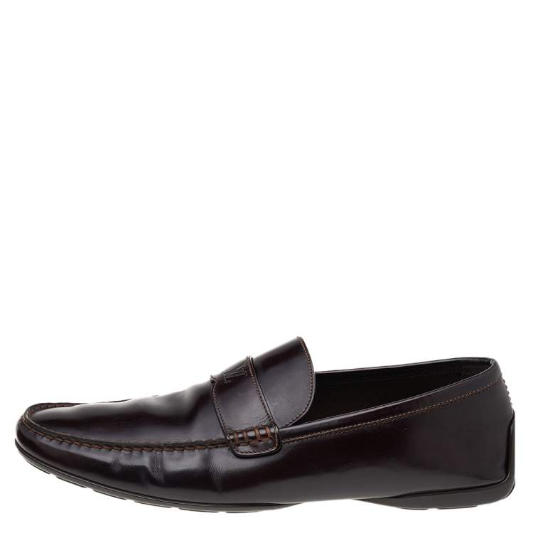 Pre Owned Louis Vuitton Dark Brown Leather Slip On Loafers Size 43