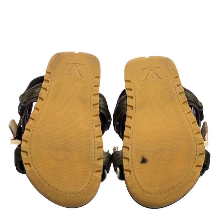 Pre Owned Louis Vuitton Green/Black Suede and Fabric Velcro Sandals Size 42