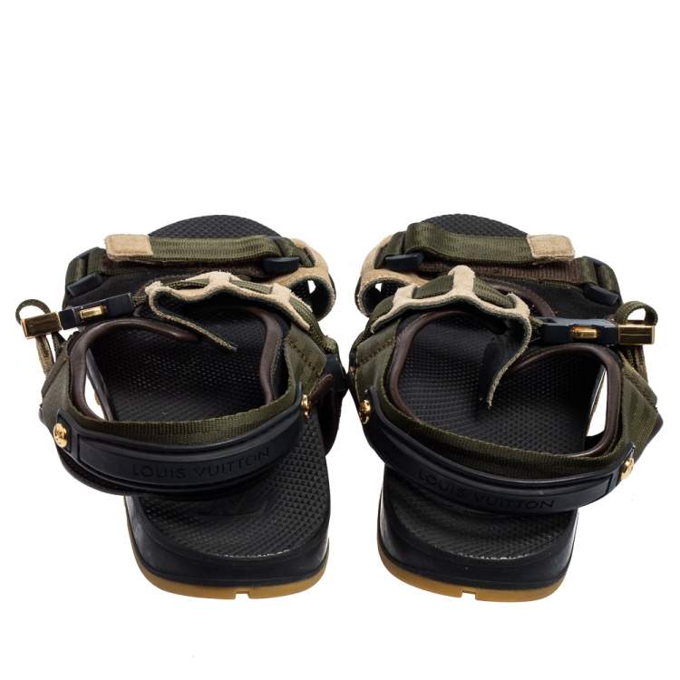 Pre Owned Louis Vuitton Green/Black Suede and Fabric Velcro Sandals Size 42