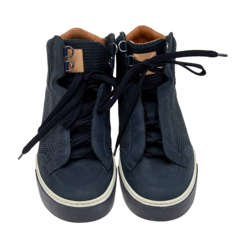 Pre Owned Louis Vuitton Navy Blue Perforated Nubuck Leather Speaker High Top Sneakers Size 40