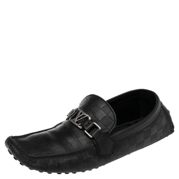 Pre Owned Louis Vuitton Black Damier Embossed Leather Hockenheim Slip On Loafers Size 42.5