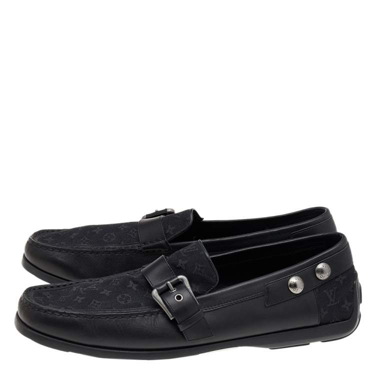 Pre Owned Louis Vuitton Black Monogram Canvas And Leather Slip on Loafers Size 45